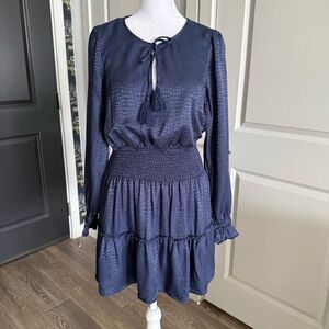 Sail to Sable Navy Blue Silk Blend Long Sleeve Mini Dress Size S